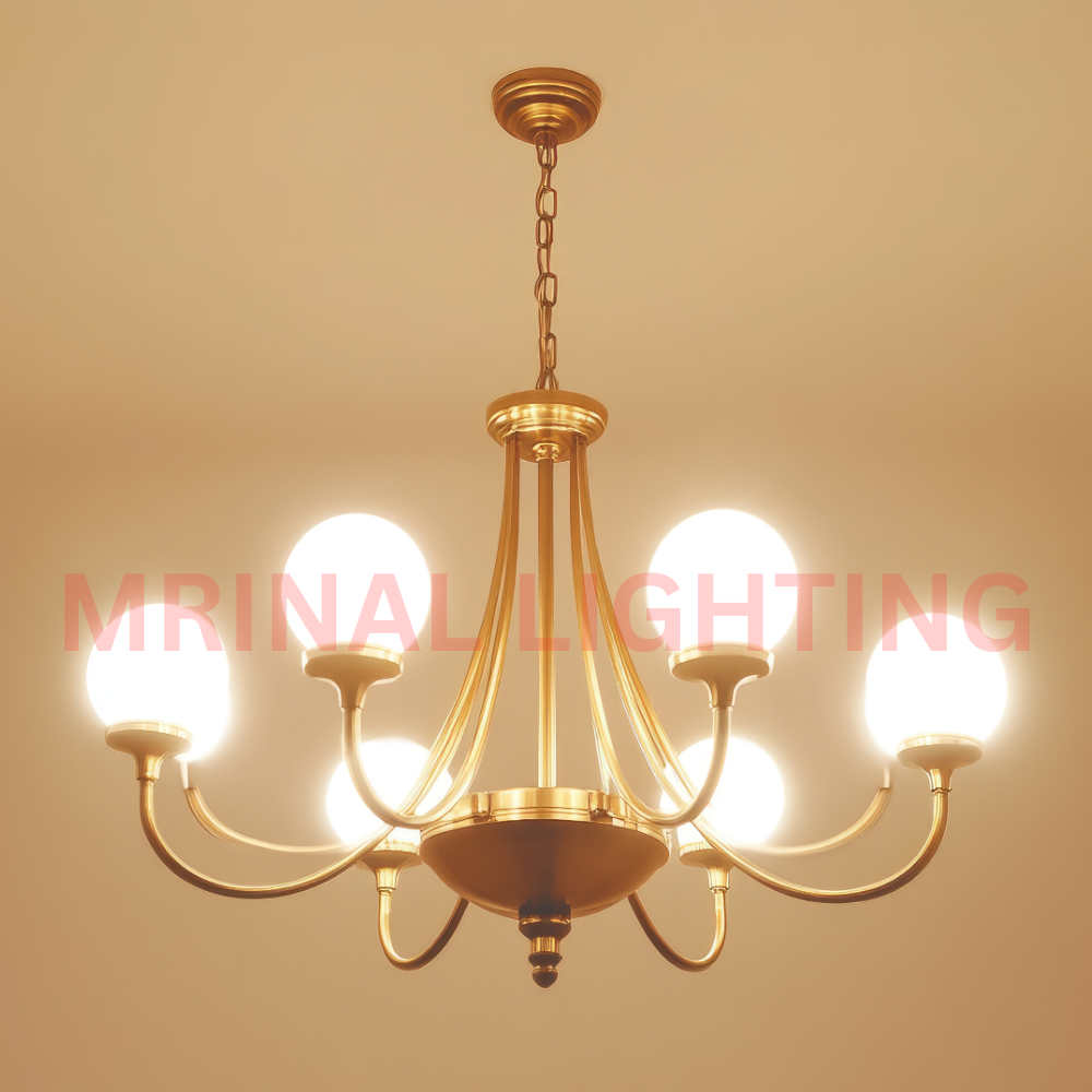 Golden finish chandelier with globe glass shades, elegant look for villas and modern interiors.