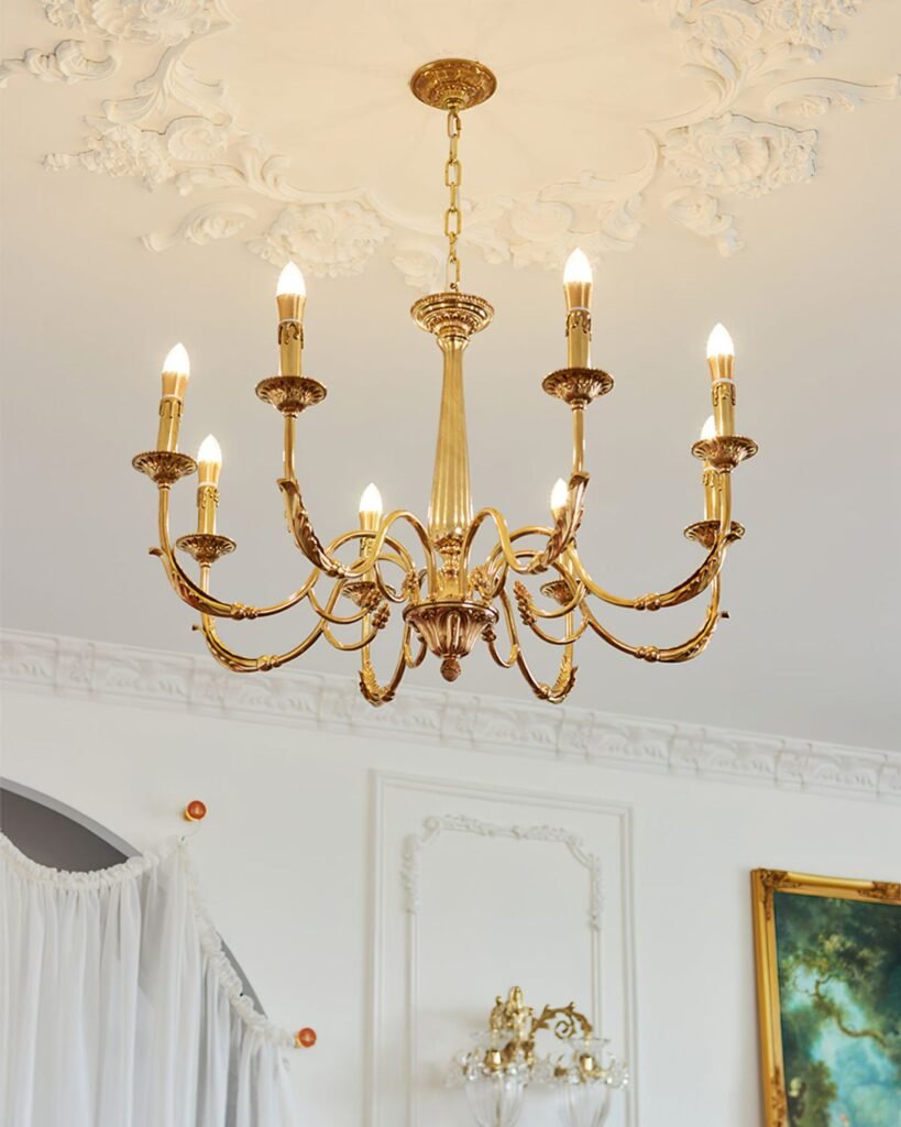 Luxury Modern Gold Candle Chandelier with Golden Frame and Crystal Beads