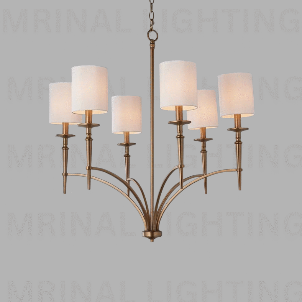 Modern Minimalist Drum Chandelier in Bronze Finish with Fabric Shades – Mrinal Lighting