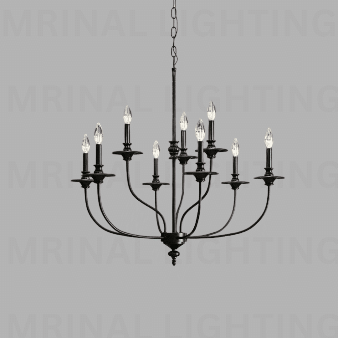 modern black iron chandelier with candle-style lights, perfect for luxury homes and banquet interiors.