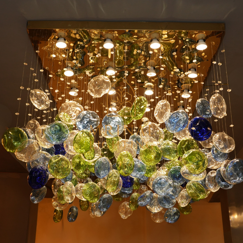 Luxury Multicolour Bloom Glass Chandelier with Gold Sheet Base and LED Lights – Mrinal Lighting