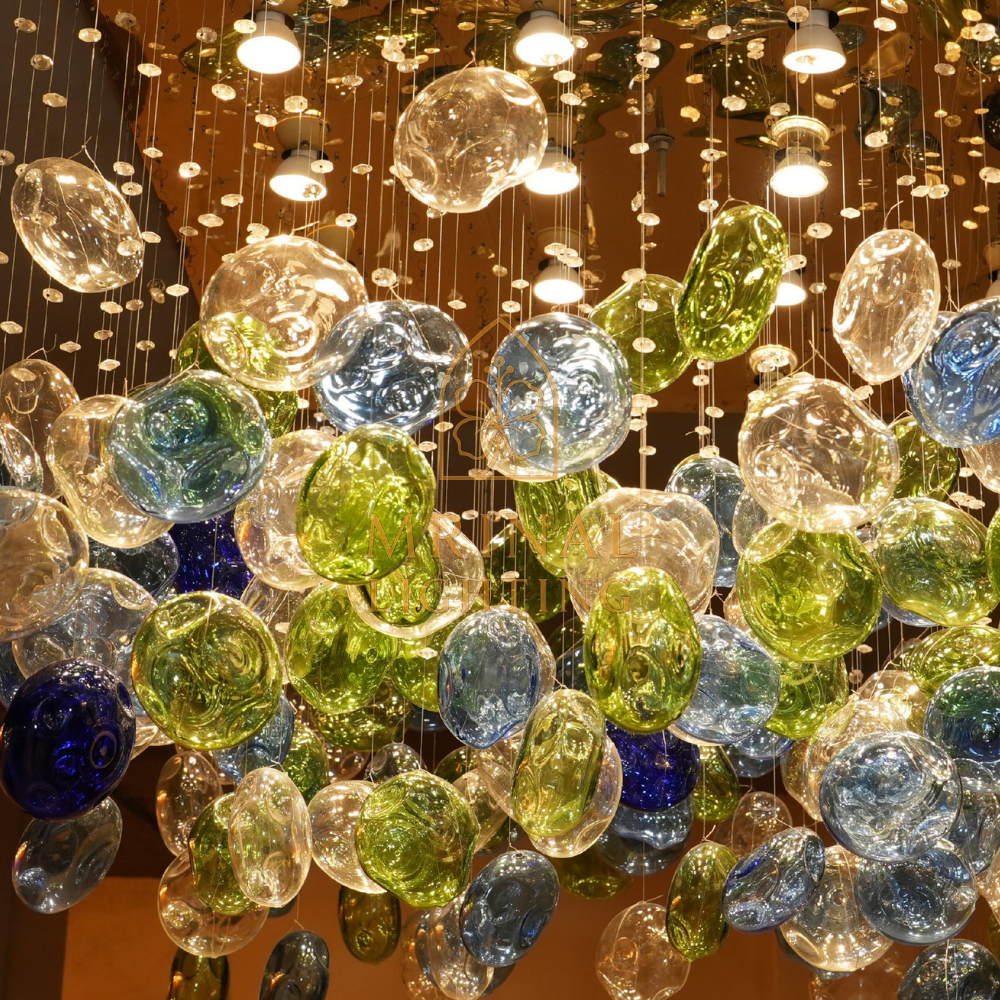 Luxury Multicolour Bloom Glass Chandelier with Gold Sheet Base and LED Lights – Mrinal Lighting