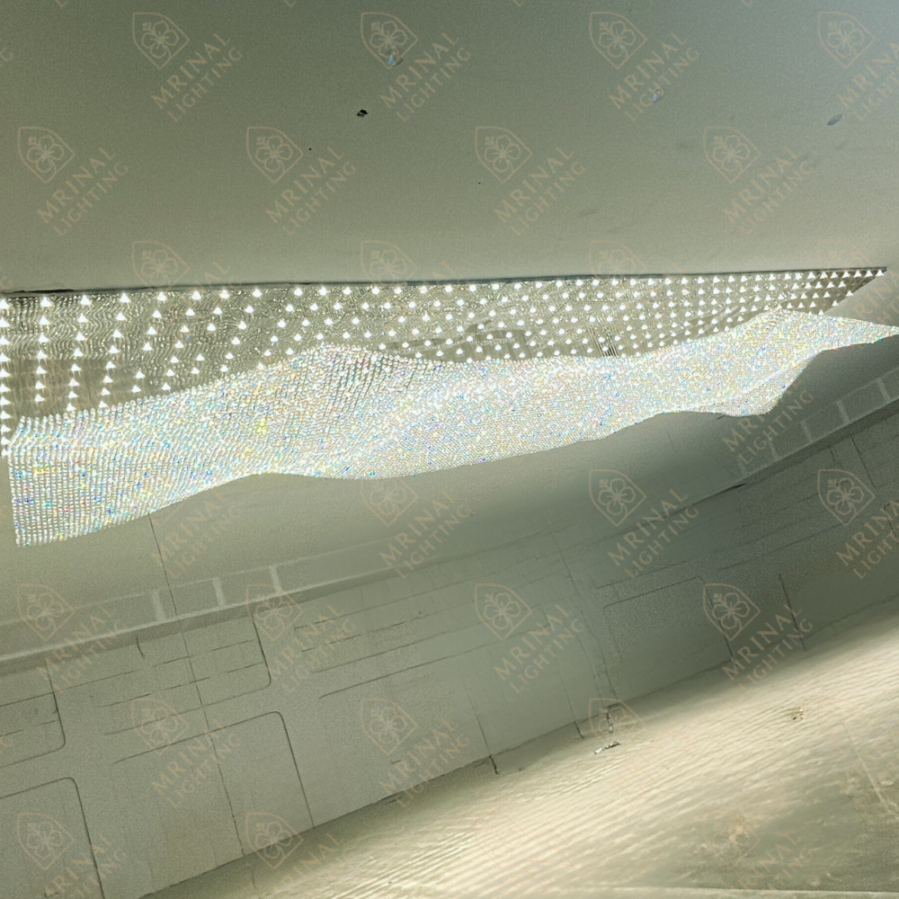 Custom-made crystal chandelier for banquet hall ceiling – designed and manufactured by Mrinal Lighting.