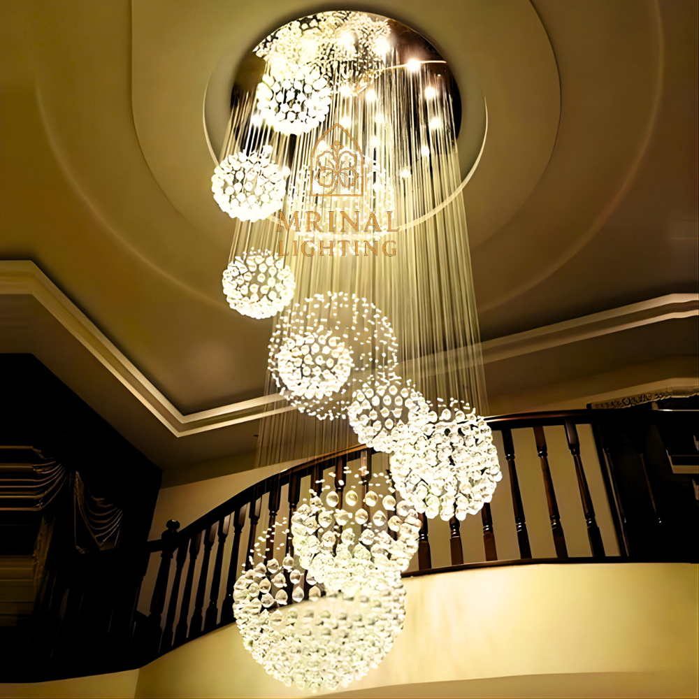 Crystal chandelier for staircase with long hanging crystal balls in double height space