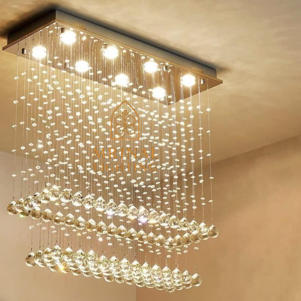 Rectangular Raindrop Crystal Chandelier with falling crystal drops for modern ceiling design