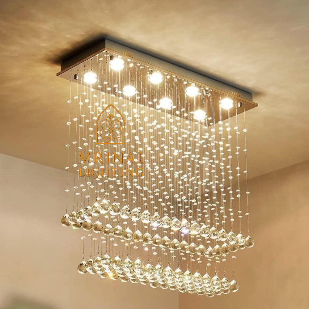 Rectangular Raindrop Crystal Chandelier with falling crystal drops for modern ceiling design