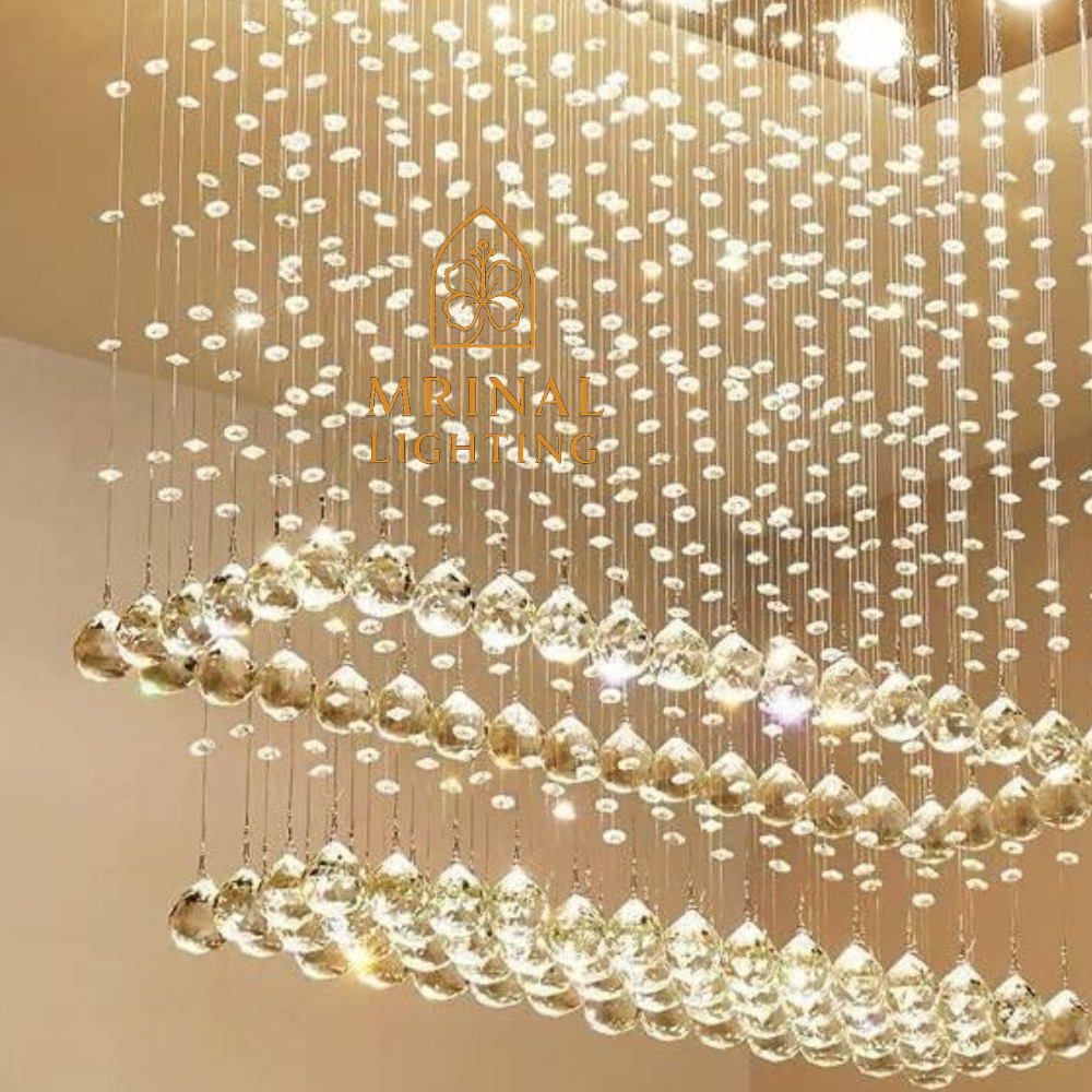 Rectangular Raindrop Crystal Chandelier with falling crystal drops for modern ceiling design