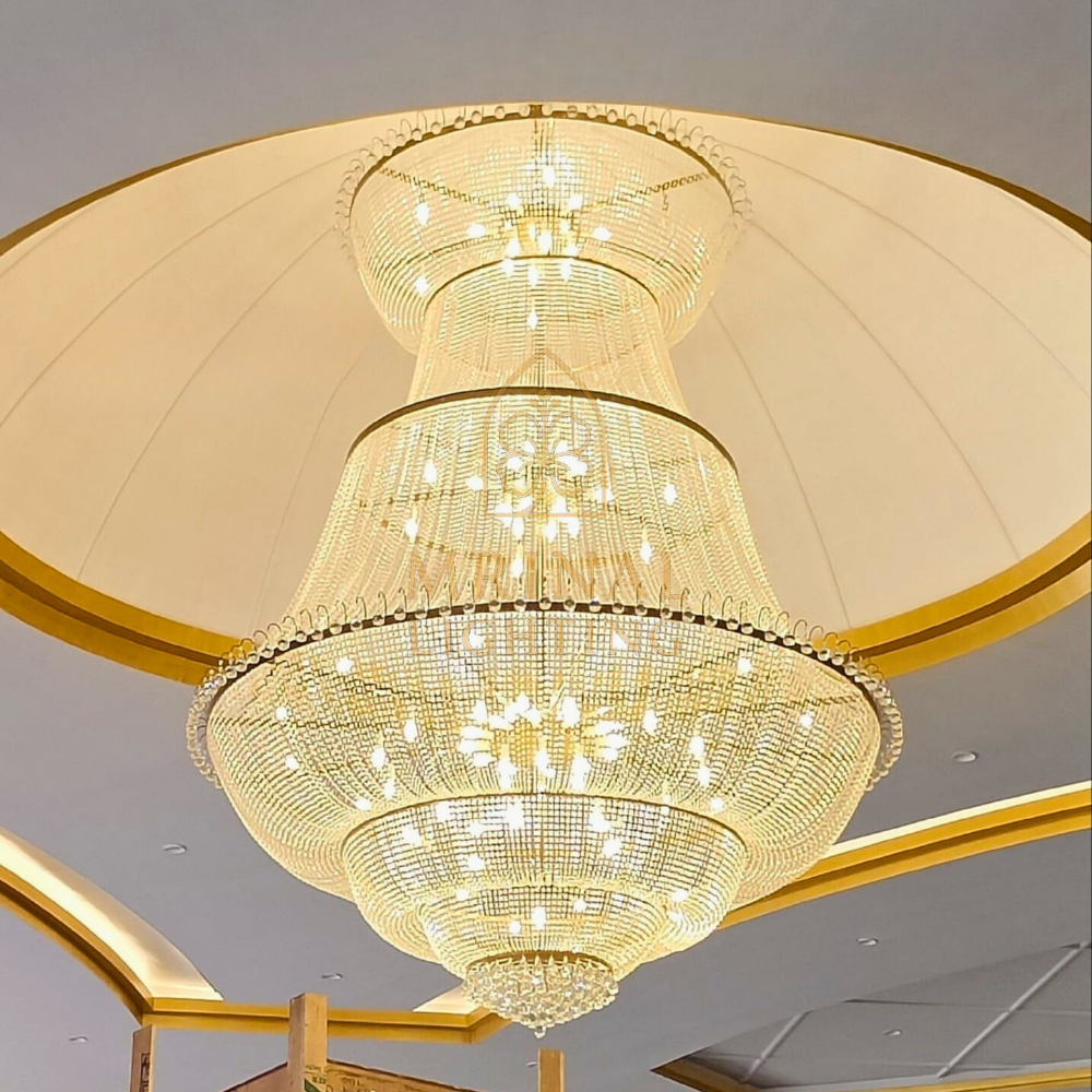 Luxury hanging crystal chandelier crafted with gold powder-coated frame and K9 crystal balls – ideal for banquet & hotel ceiling projects
