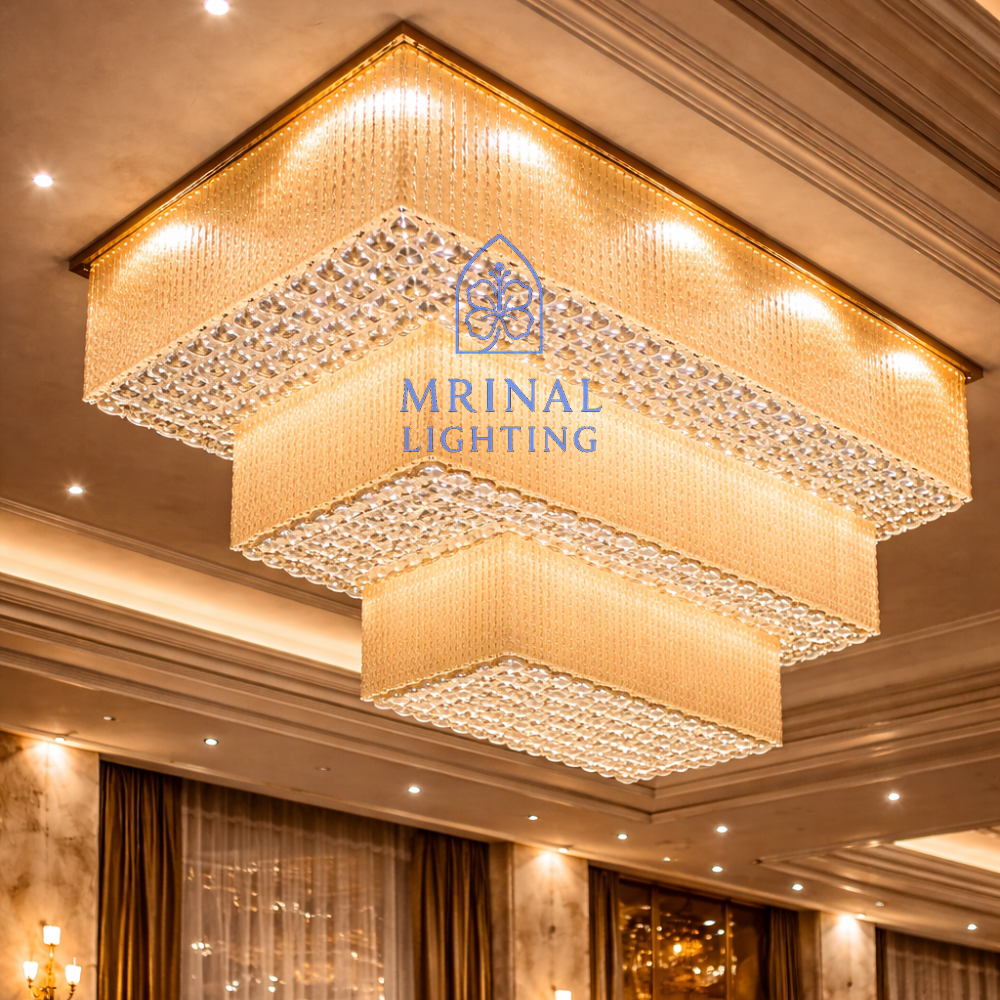 Luxury rectangular crystal chandelier installed in banquet hall ceiling
