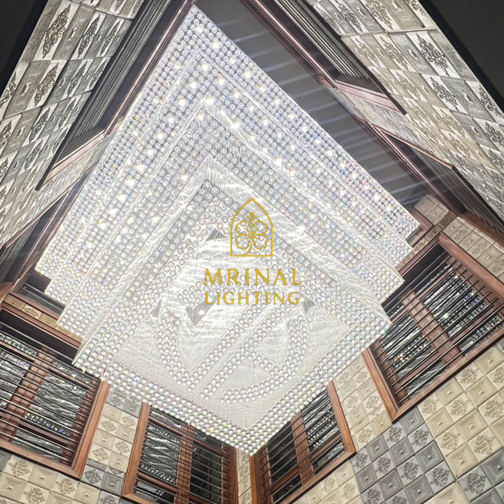 Modern Square Crystal Chandelier Installation in Banquet Hall