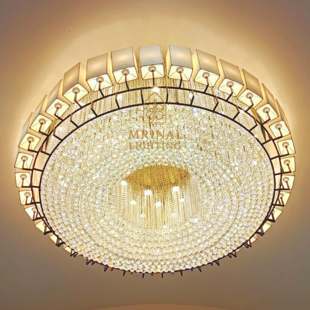 Luxury modern round crystal chandelier installed in banquet hall ceiling